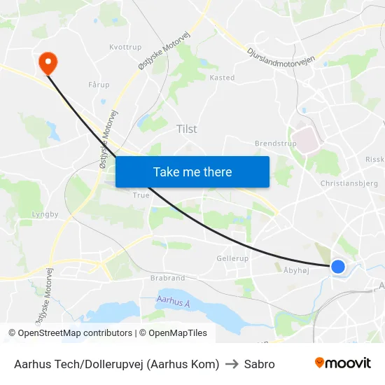 Aarhus Tech/Dollerupvej (Aarhus Kom) to Sabro map