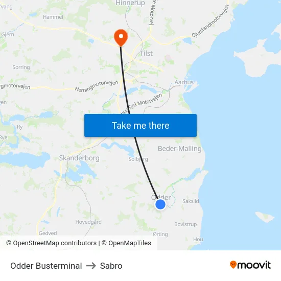 Odder Busterminal to Sabro map