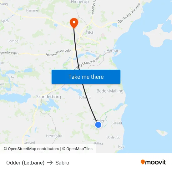 Odder (Letbane) to Sabro map