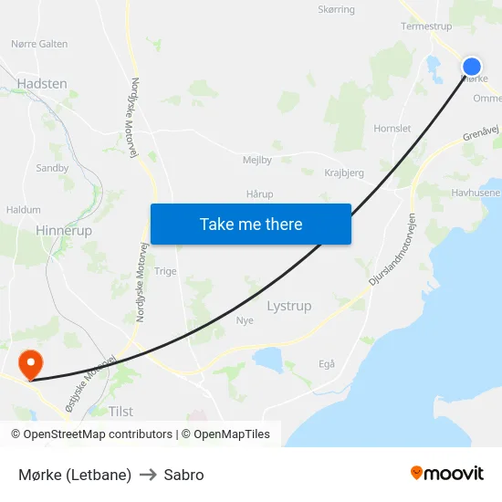 Mørke (Letbane) to Sabro map