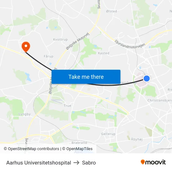 Aarhus Universitetshospital to Sabro map