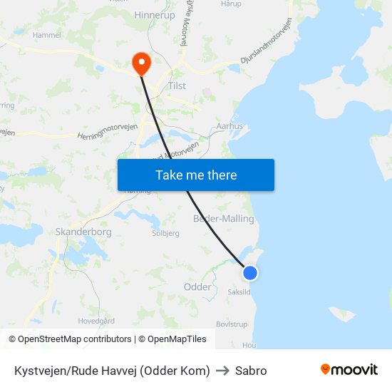 Kystvejen/Rude Havvej (Odder Kom) to Sabro map