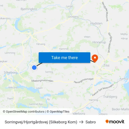 Sorringvej/Hjortgårdsvej (Silkeborg Kom) to Sabro map