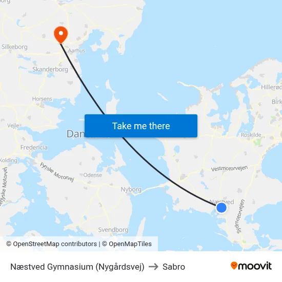 Næstved Gymnasium (Nygårdsvej) to Sabro map