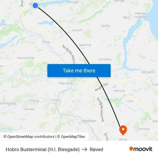 Hobro Busterminal (H.I. Biesgade) to Røved map