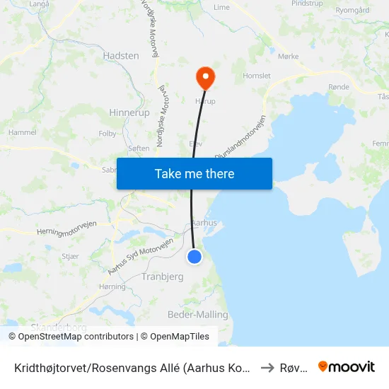 Kridthøjtorvet/Rosenvangs Allé (Aarhus Kom) to Røved map