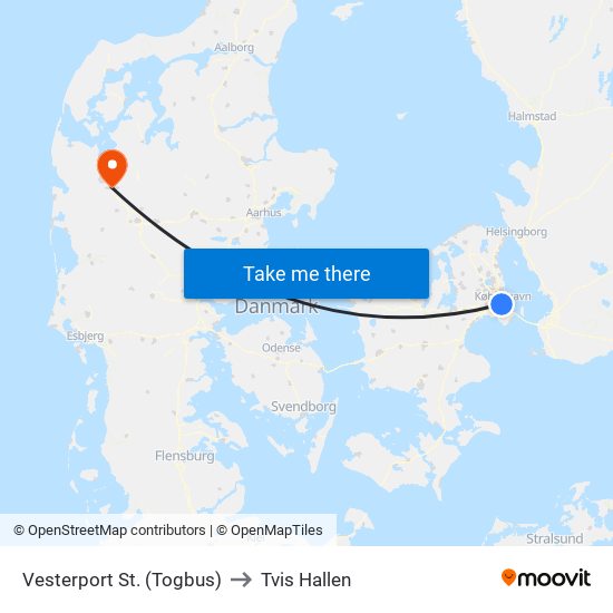 Vesterport St. (Togbus) to Tvis Hallen map