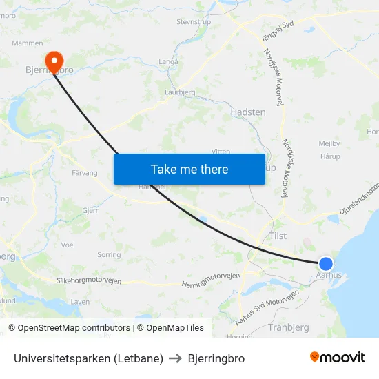 Universitetsparken (Letbane) to Bjerringbro map