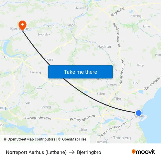 Nørreport Aarhus (Letbane) to Bjerringbro map
