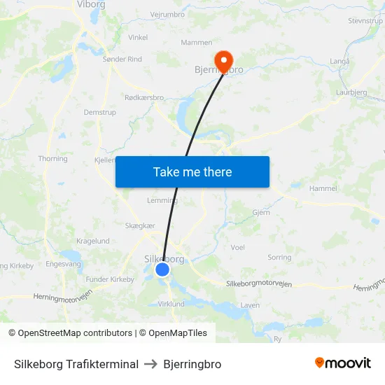 Silkeborg Trafikterminal to Bjerringbro map