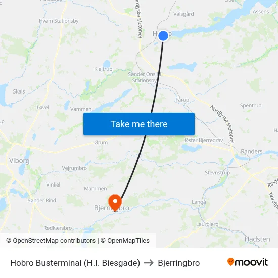 Hobro Busterminal (H.I. Biesgade) to Bjerringbro map