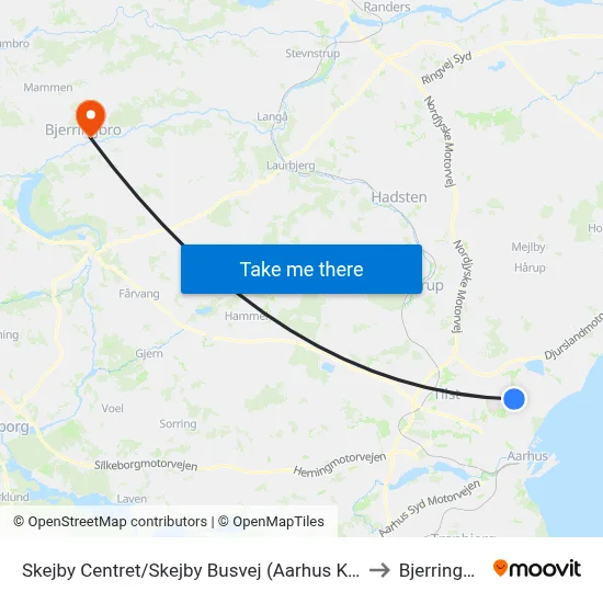 Skejby Centret/Skejby Busvej (Aarhus Kom) to Bjerringbro map