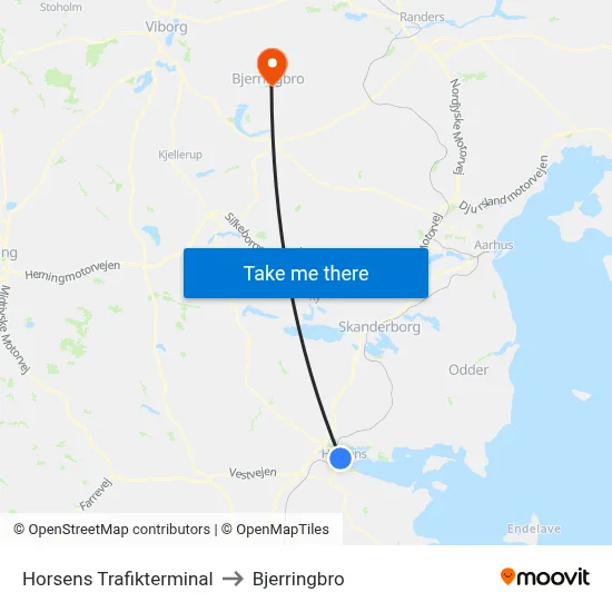 Horsens Trafikterminal to Bjerringbro map