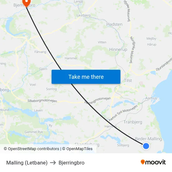 Malling (Letbane) to Bjerringbro map