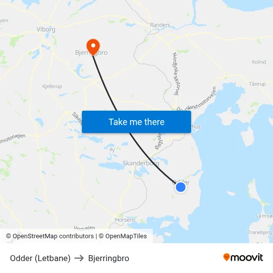 Odder (Letbane) to Bjerringbro map