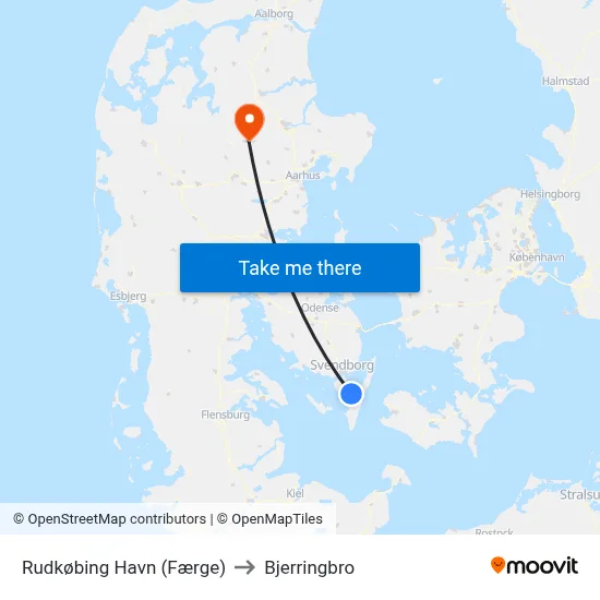 Rudkøbing Havn (Færge) to Bjerringbro map