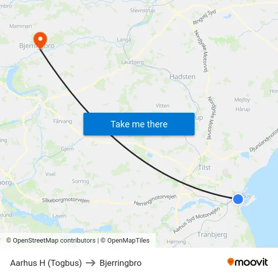 Aarhus H (Togbus) to Bjerringbro map