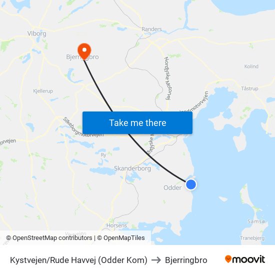 Kystvejen/Rude Havvej (Odder Kom) to Bjerringbro map