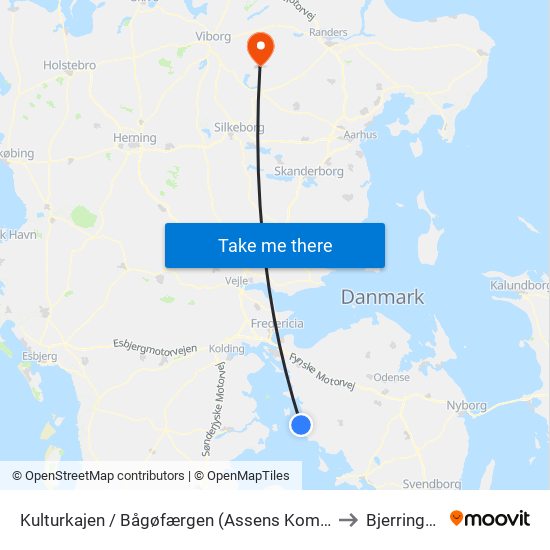 Kulturkajen / Bågøfærgen (Assens Kommune) to Bjerringbro map