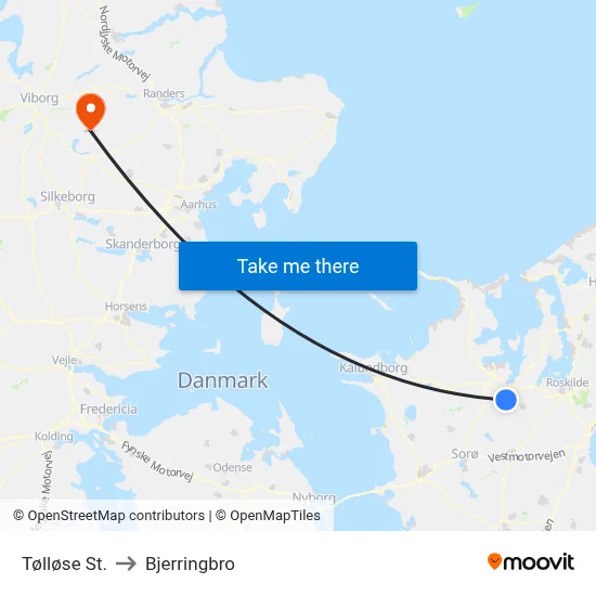 Tølløse St. to Bjerringbro map