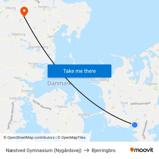 Næstved Gymnasium (Nygårdsvej) to Bjerringbro map