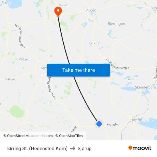 Tørring St. (Hedensted Kom) to Sjørup map