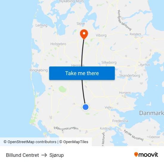 Billund Centret to Sjørup map
