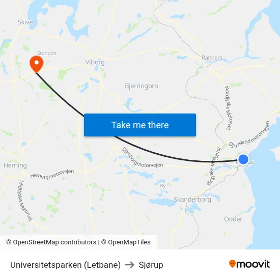 Universitetsparken (Letbane) to Sjørup map