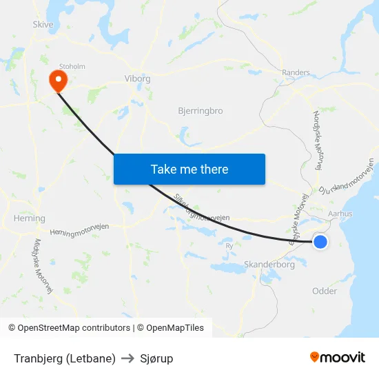 Tranbjerg (Letbane) to Sjørup map