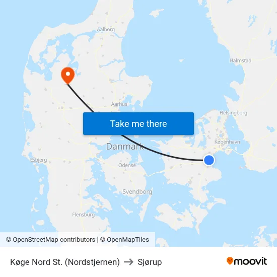Køge Nord St. (Nordstjernen) to Sjørup map