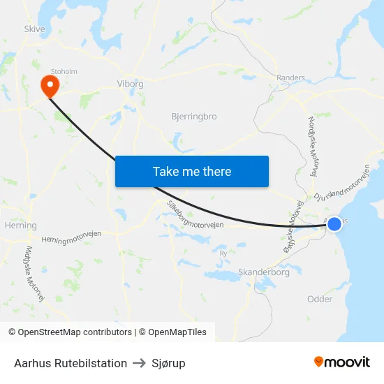 Aarhus Rutebilstation to Sjørup map