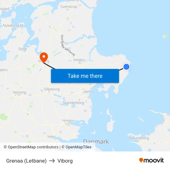 Grenaa (Letbane) to Viborg map