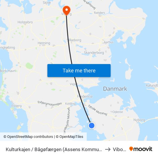 Kulturkajen / Bågøfærgen (Assens Kommune) to Viborg map