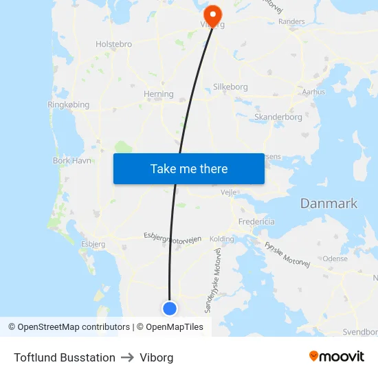 Toftlund Busstation to Viborg map