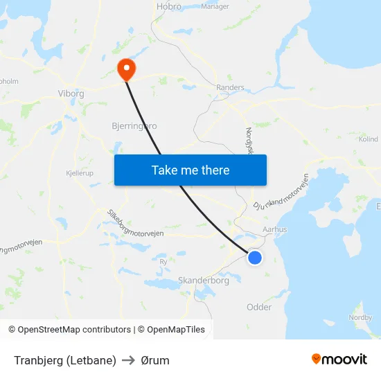 Tranbjerg (Letbane) to Ørum map