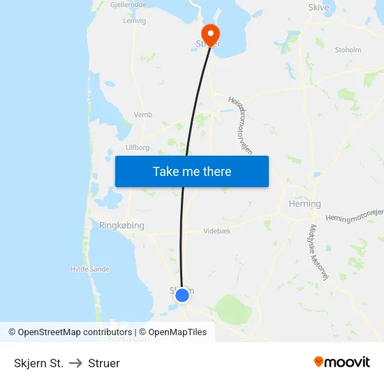 Skjern St. to Struer map