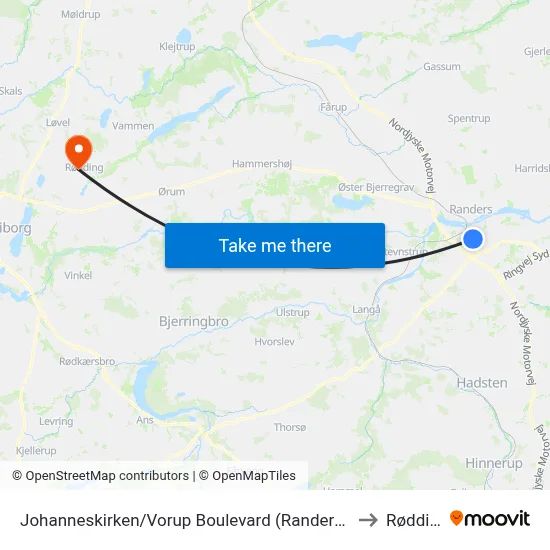 Johanneskirken/Vorup Boulevard (Randers Kom) to Rødding map