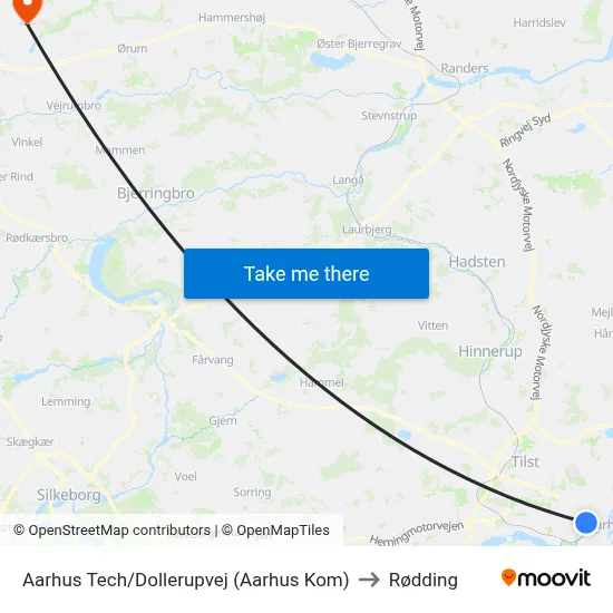 Aarhus Tech/Dollerupvej (Aarhus Kom) to Rødding map
