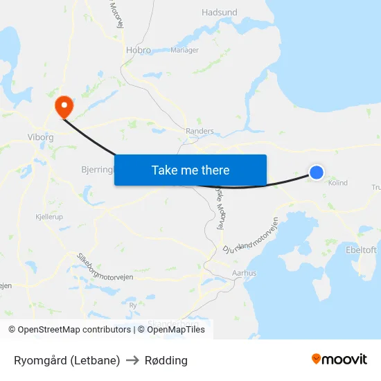 Ryomgård (Letbane) to Rødding map