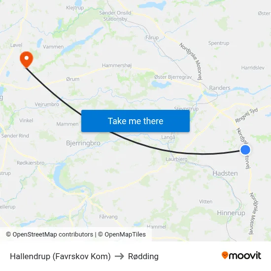Hallendrup (Favrskov Kom) to Rødding map