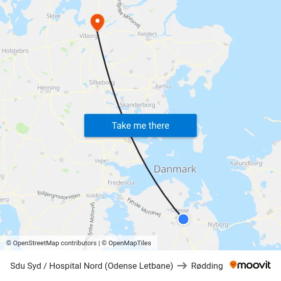 Sdu Syd / Hospital Nord (Odense Letbane) to Rødding map