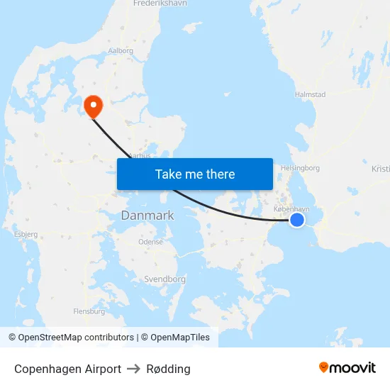 Copenhagen Airport to Rødding map