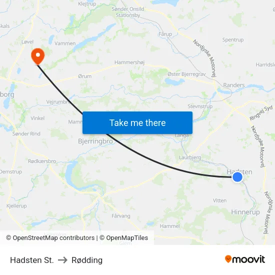 Hadsten St. to Rødding map