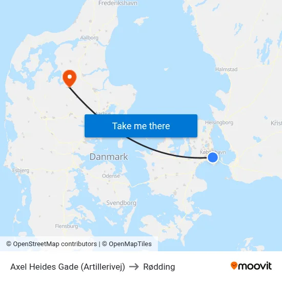 Axel Heides Gade (Artillerivej) to Rødding map