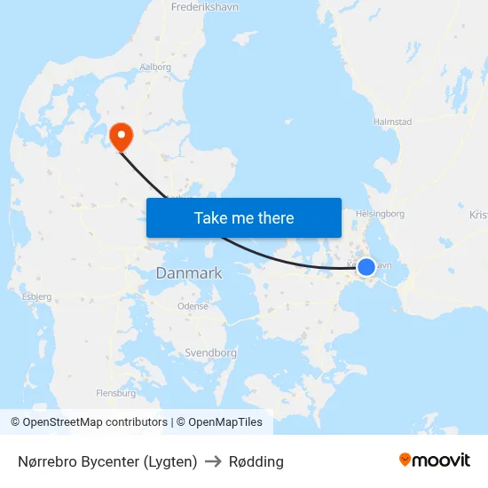 Nørrebro Bycenter (Lygten) to Rødding map
