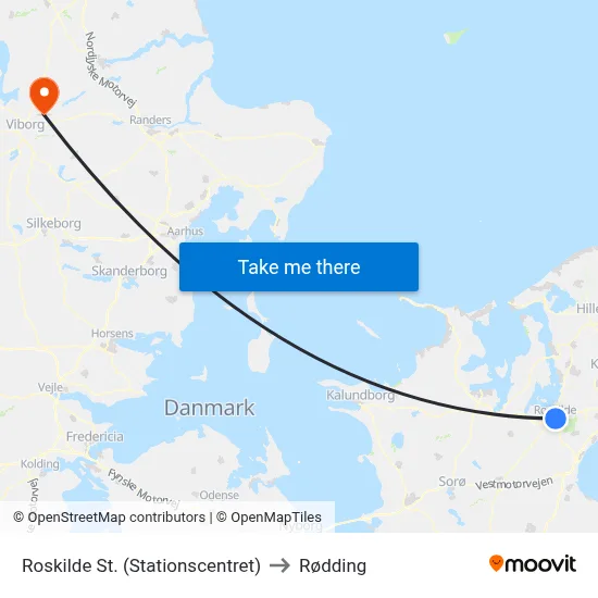 Roskilde St. (Stationscentret) to Rødding map