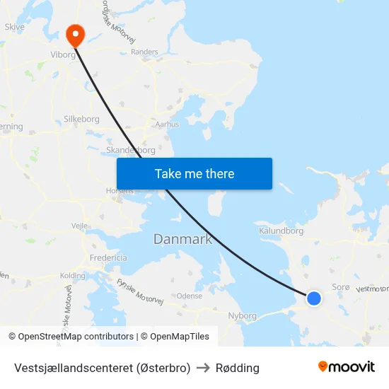 Vestsjællandscenteret (Østerbro) to Rødding map