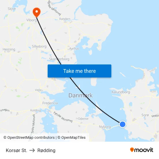 Korsør St. to Rødding map