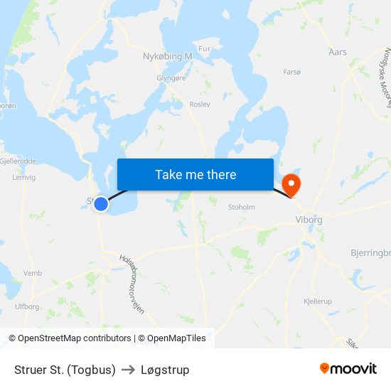 Struer St. (Togbus) to Løgstrup map