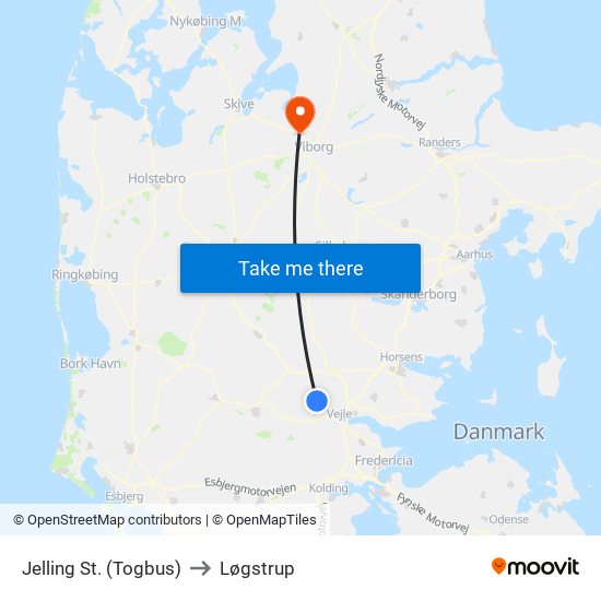 Jelling St. (Togbus) to Løgstrup map